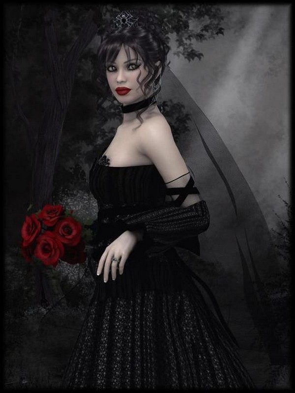 femme gothique au bouquet de roses rouges